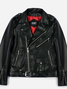Straight To Hell Black Leather Biker Jacket with Red Lining